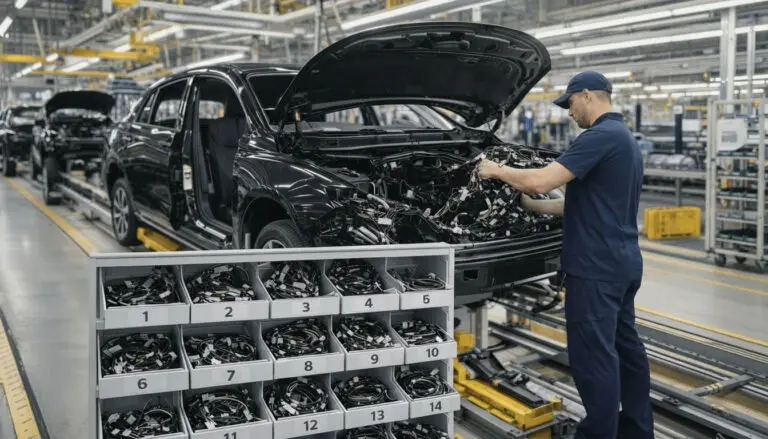 Automobil Montage Arbeitsplatz mit vorsequenzierten Bauteilen