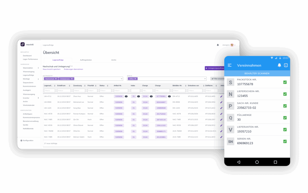 moviniti WebApp zur Auftragssteuerung und Scanner App zur Ausführung auf dem Shopfloor
