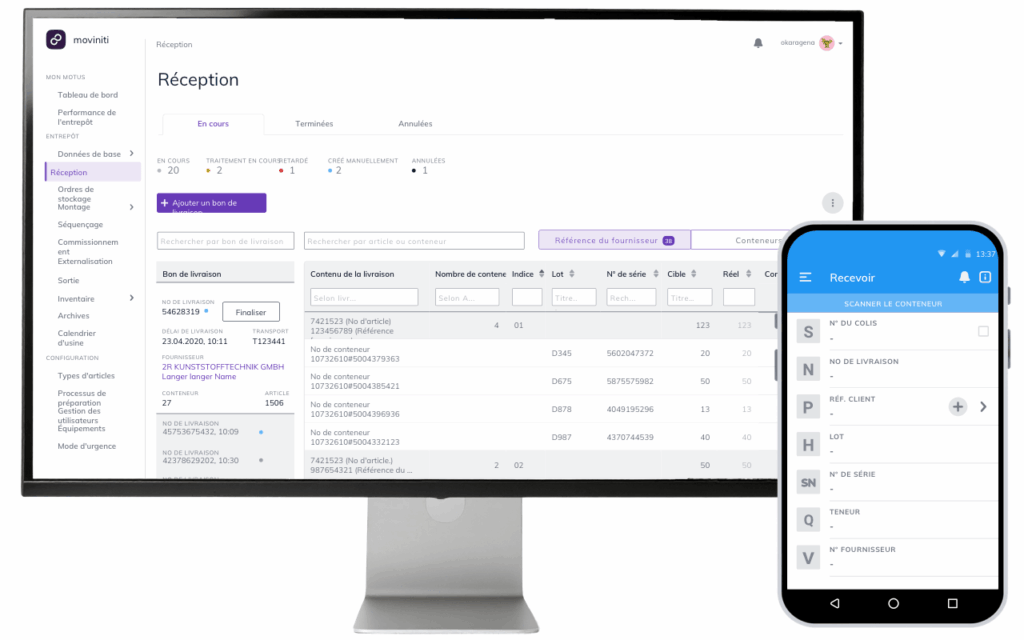 Réception des marchandises dans l’application web moviniti avec vue des livraisons et scan mobile