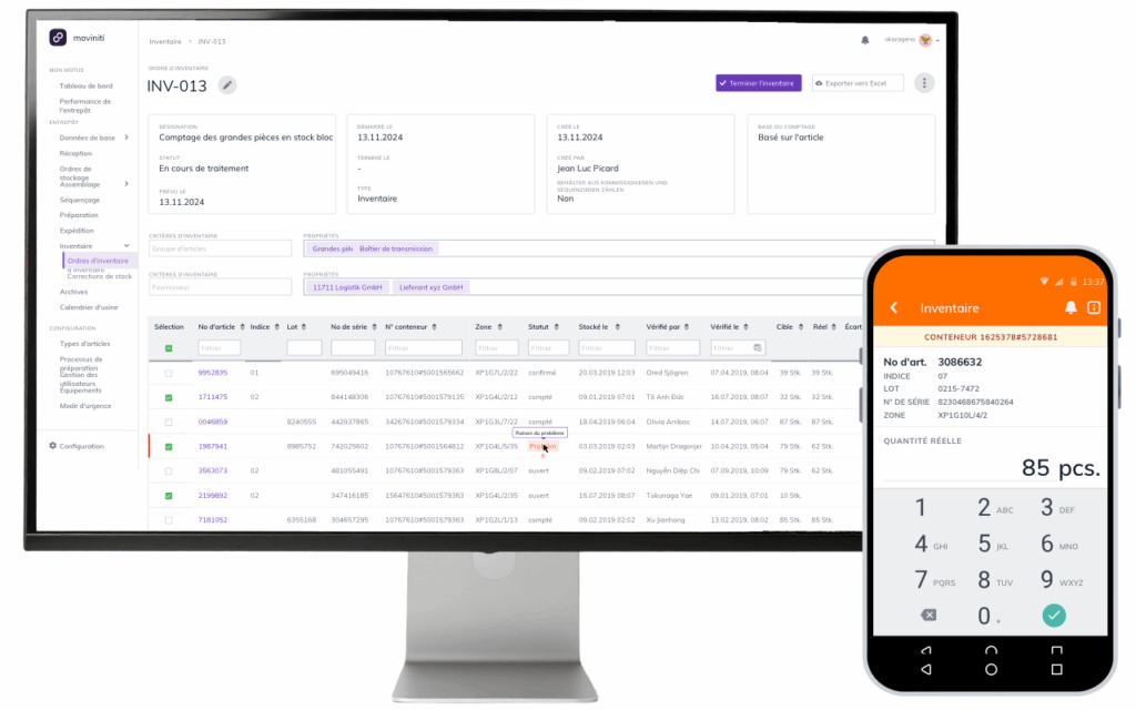 Vue d’inventaire dans l’application web moviniti avec saisie mobile des quantités