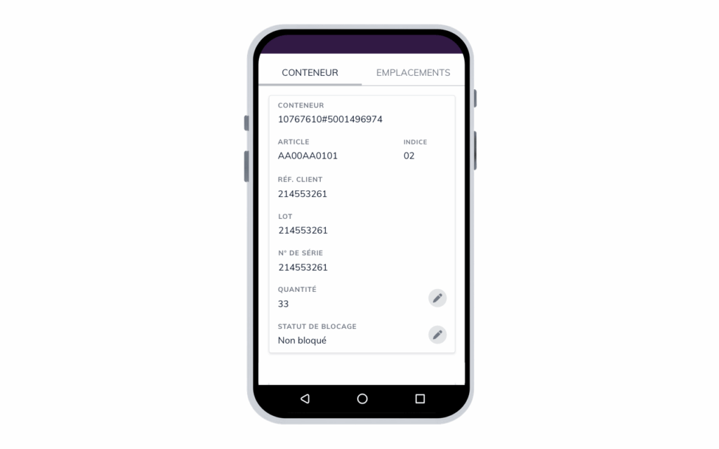 Vue détaillée d’un contenant dans l’application moviniti avec informations article, quantité et statut