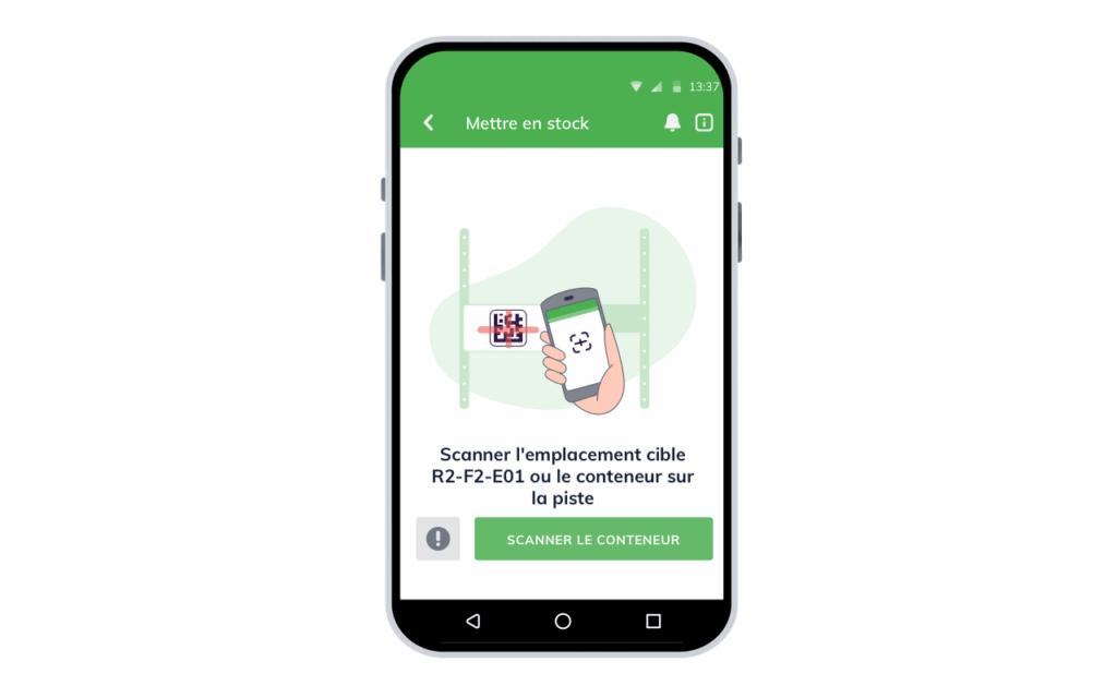Processus de mise en stock mobile dans moviniti avec scan du contenant ou de l’emplacement cible