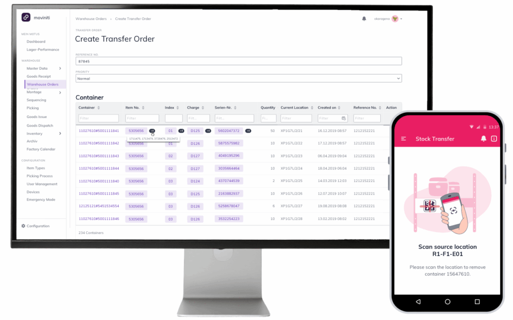 Relocation order in the moviniti web app with mobile source location scanning