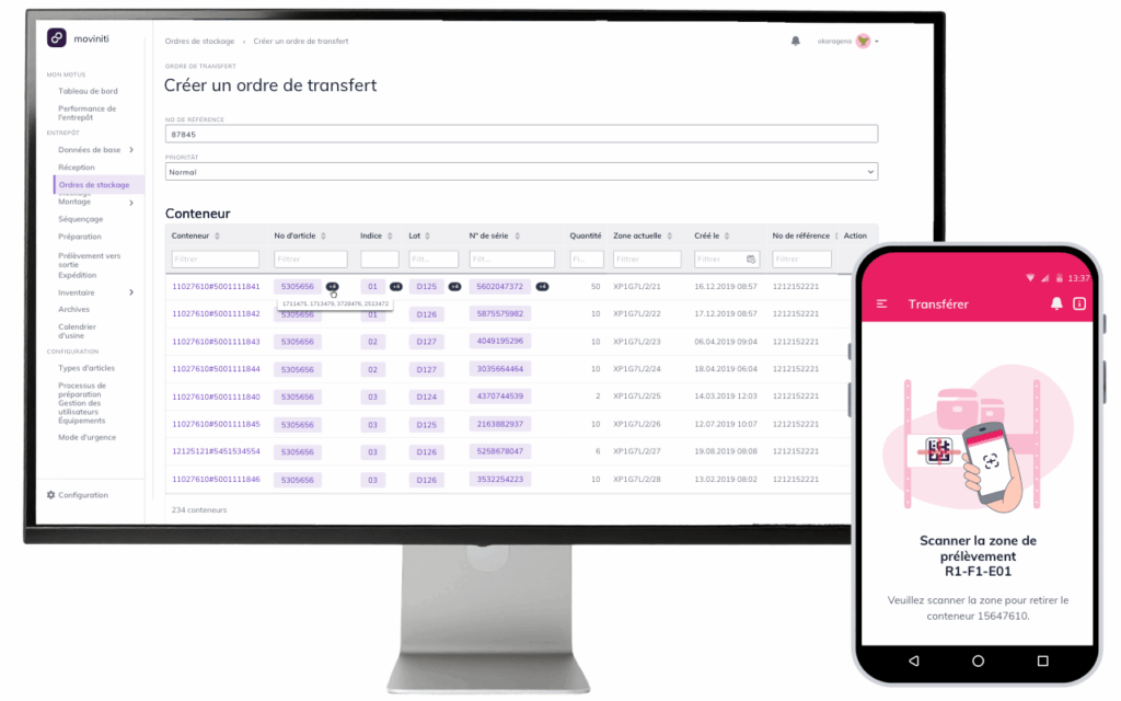 Ordre de transfert dans l’application web moviniti avec scan mobile de l’emplacement source