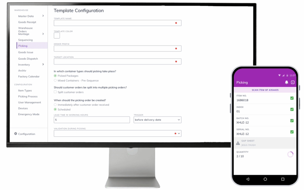 Picking configuration in the moviniti web app with guided mobile picking process