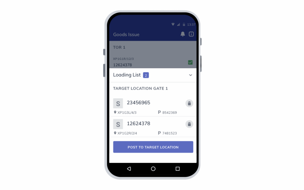Mobile outbound process in moviniti with target location and confirmed load list