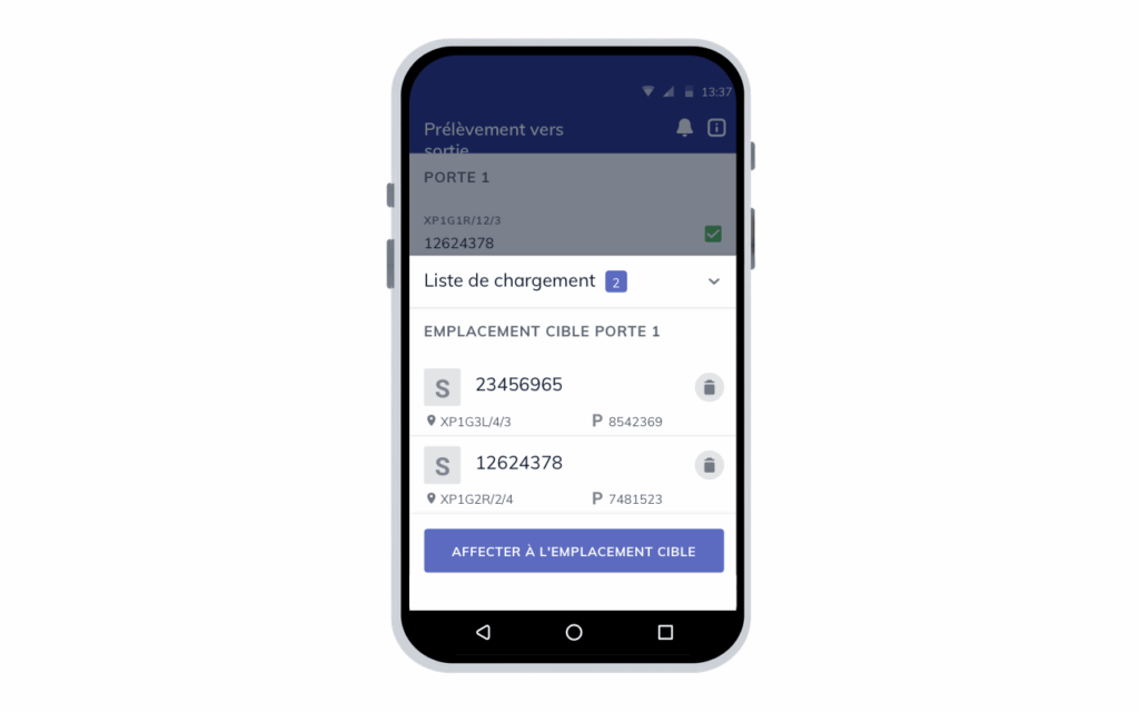 Processus de sortie mobile dans moviniti avec emplacement cible et liste de chargement confirmée
