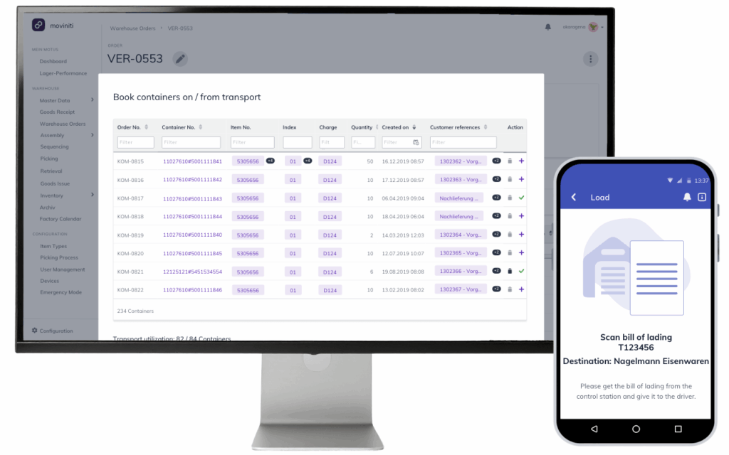 Outbound and loading overview in the moviniti web app with mobile freight document scanning